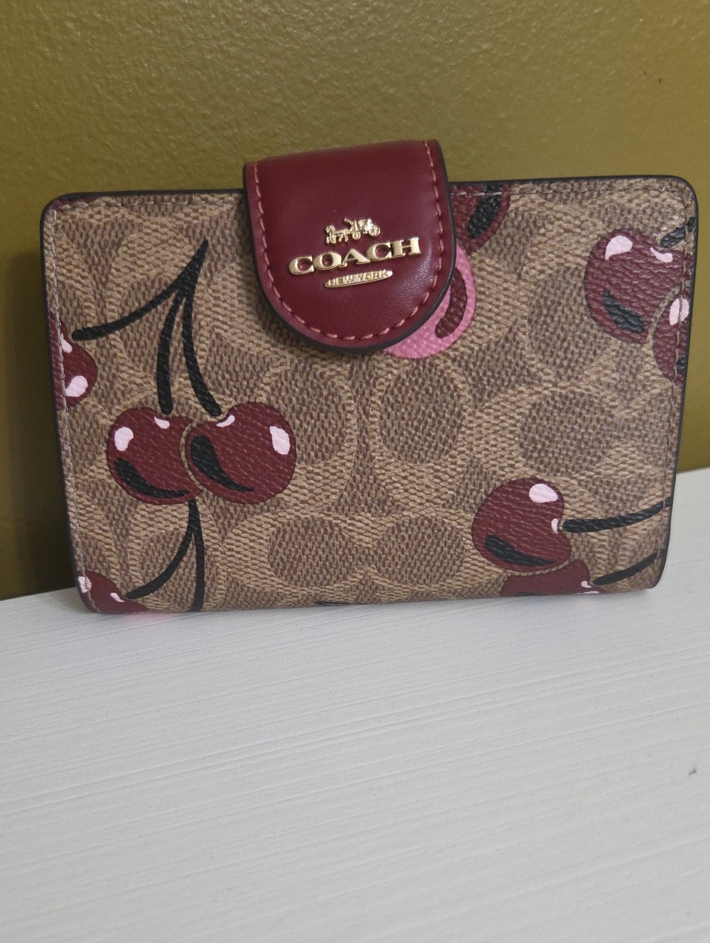 COACH Cherry Print Canvas Wallet with Burgundy Trim